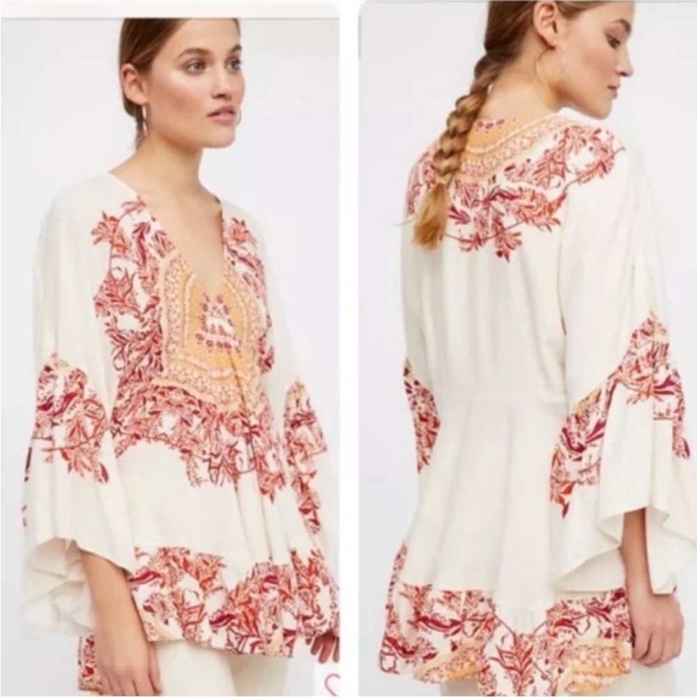 Free People Sunset Dreams Tunic Top Cream Boho‎ Flowy Bollywood Small